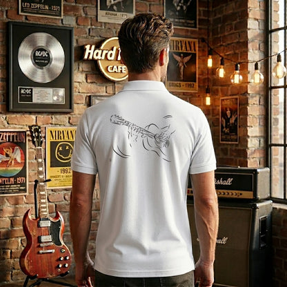Polo Guitariste homme blanc personnalisé (texte/prénom). Idée cadeau musicien, dessin "Mélodie" au dos.