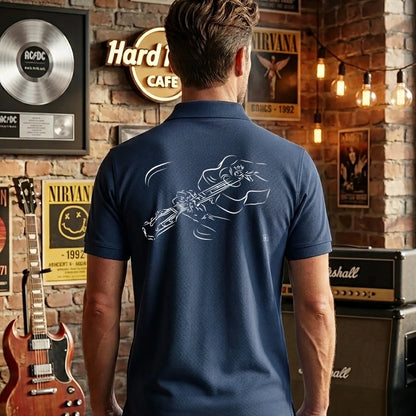 Polo Guitariste homme bleu personnalisé (texte/prénom). Idée cadeau musicien, dessin "Résonnance" au dos.