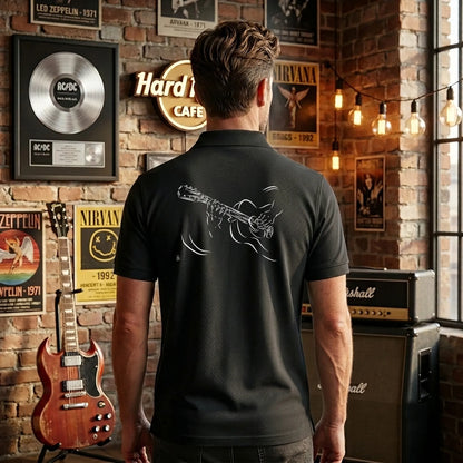 Polo Guitariste homme noir personnalisé (texte/prénom). Idée cadeau musicien, dessin "Mélodie" au dos.