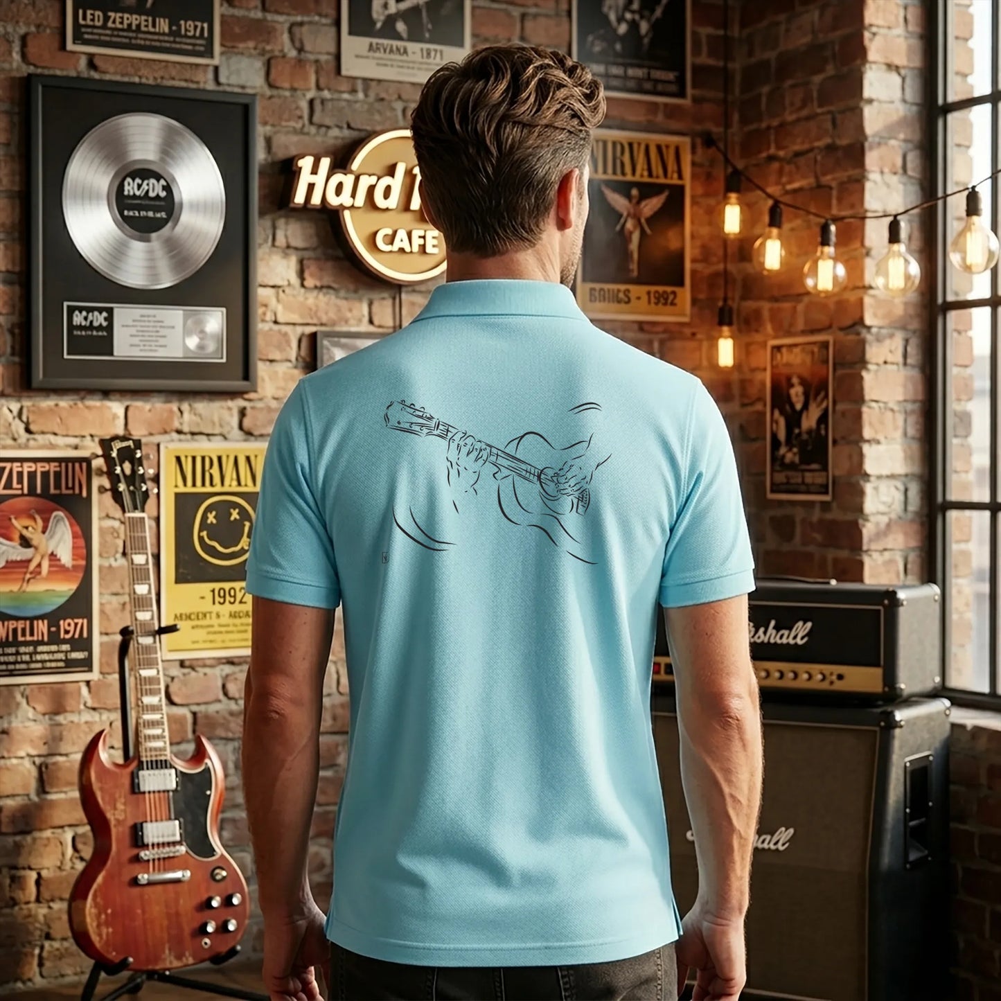 Polo Guitariste homme océan personnalisé (texte/prénom). Idée cadeau musicien, dessin "Mélodie" au dos.