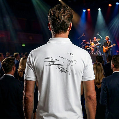 Polo musicien / Batteur homme blanc personnalisé (texte/prénom). Idée cadeau musicien / Batteur, dessin "Tempo" au dos.