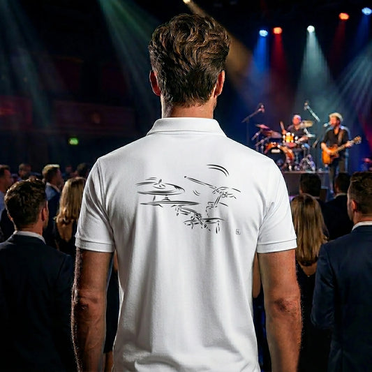 Polo musicien / Batteur homme blanc personnalisé (texte/prénom). Idée cadeau musicien / Batteur, dessin "Tempo" au dos.