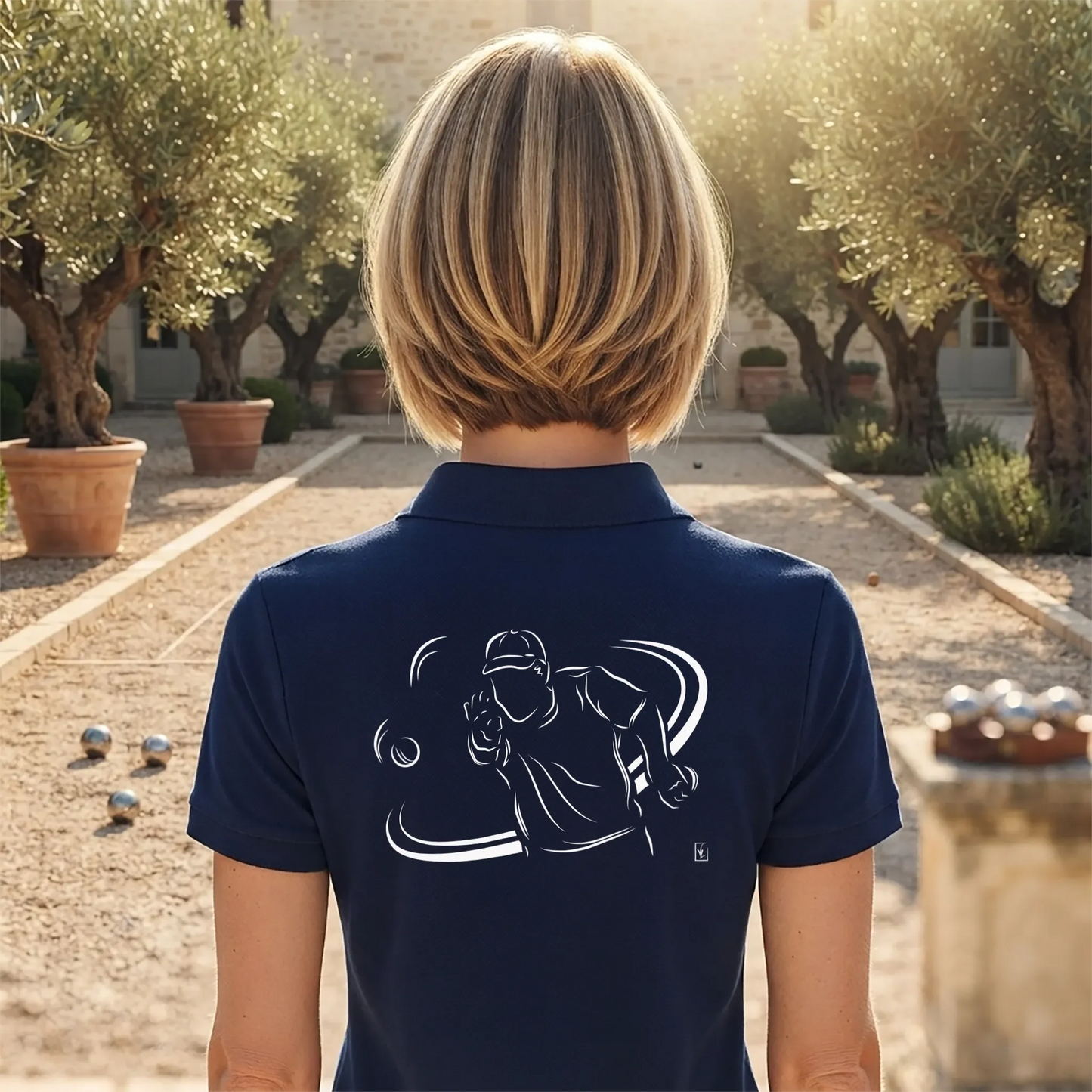 Polo Pétanque femme bleu navy à personnaliser (texte/prénom). Idée cadeau joueuse de pétanque, dessin "Tournoi" au dos.