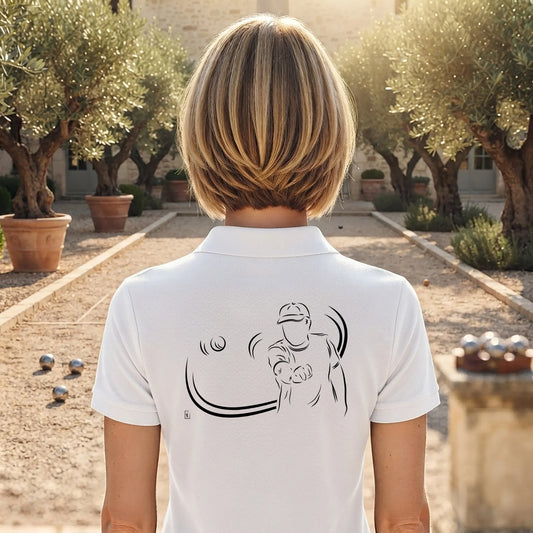 Polo Pétanque femme blanc à personnaliser (texte/prénom). Idée cadeau joueuse de pétanque, dessin "Carreau" au dos.