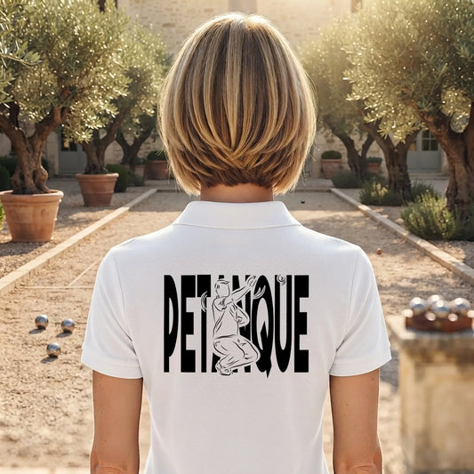 Polo Pétanque femme blanc à personnaliser (texte/prénom). Idée cadeau joueuse de pétanque, dessin "in fine" au dos.