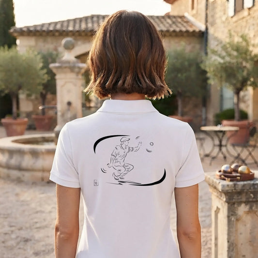 Polo Pétanque femme blanc à personnaliser (texte/prénom). Idée cadeau joueuse de pétanque, dessin "Point C" au dos.