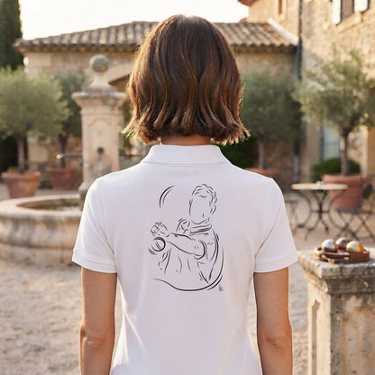 Polo Pétanque femme blanc à personnaliser avec un texte, un prénom, surnom. Idée cadeau joueuse de pétanque, dessin "Technique" au dos.