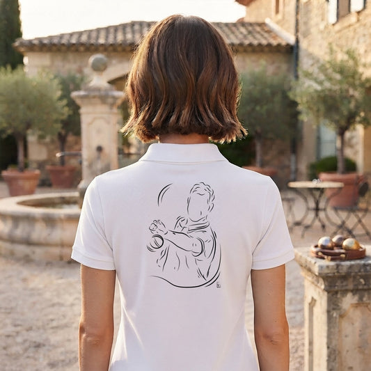 Polo Pétanque femme blanc à personnaliser avec un texte, un prénom, surnom. Idée cadeau joueuse de pétanque, dessin "Technique" au dos.