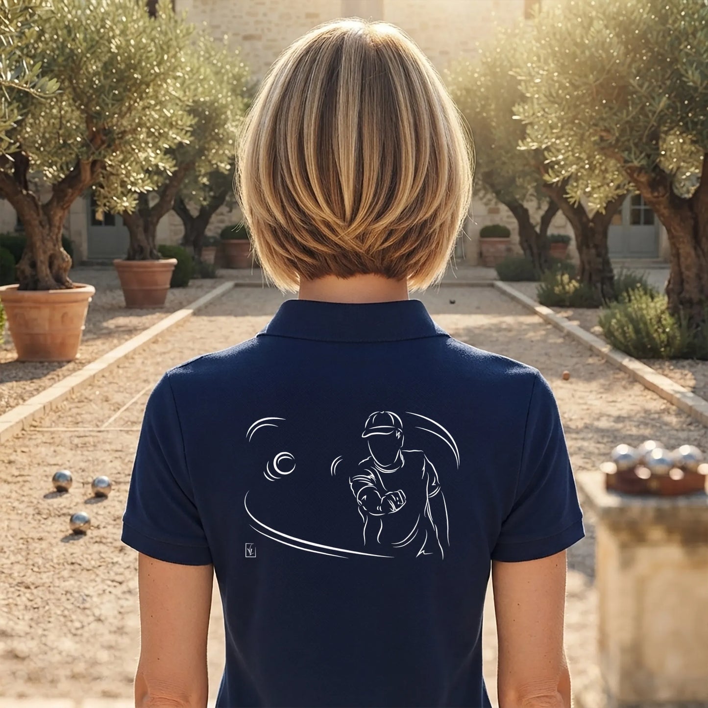Polo Pétanque femme bleu navy à personnaliser (texte/prénom). Idée cadeau joueuse de pétanque, dessin "Stratégie" au dos.