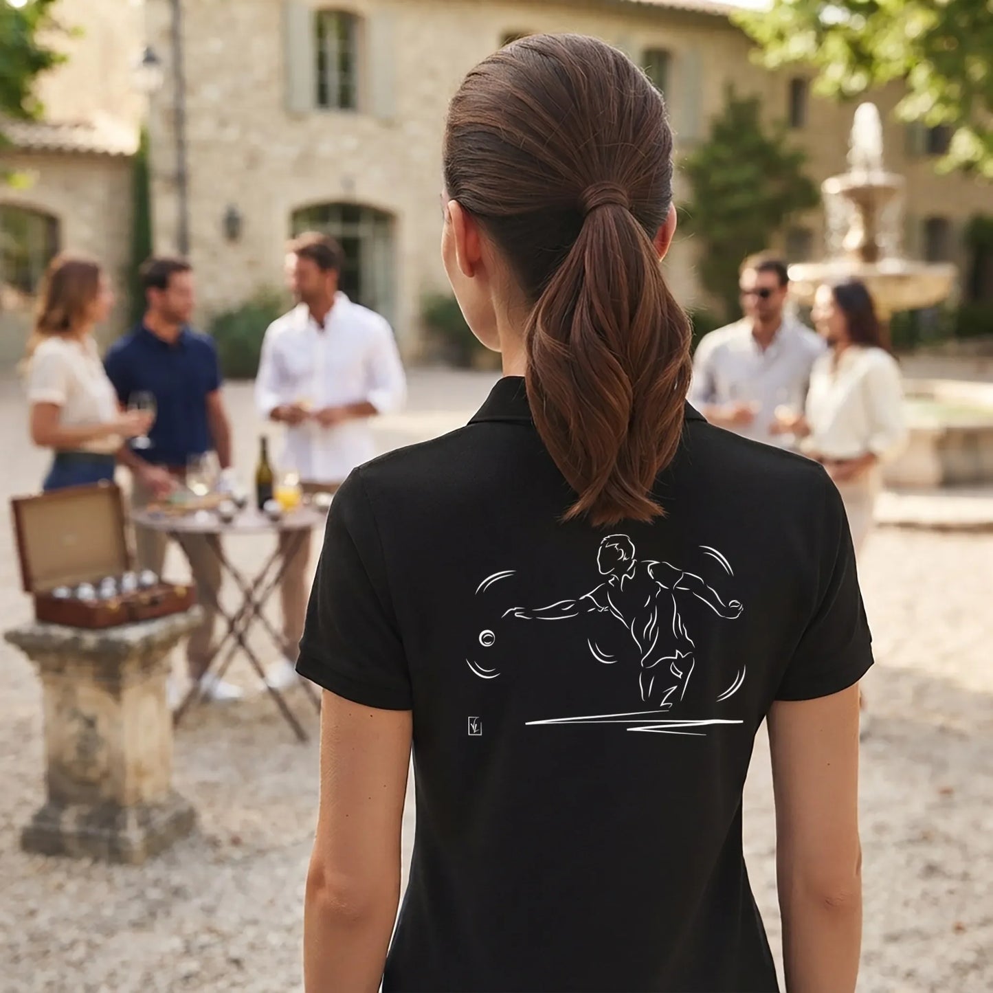 Polo Pétanque femme noir à personnaliser avec un texte, un prénom, surnom. Idée cadeau joueuse de pétanque, dessin "13 à 0" au dos.