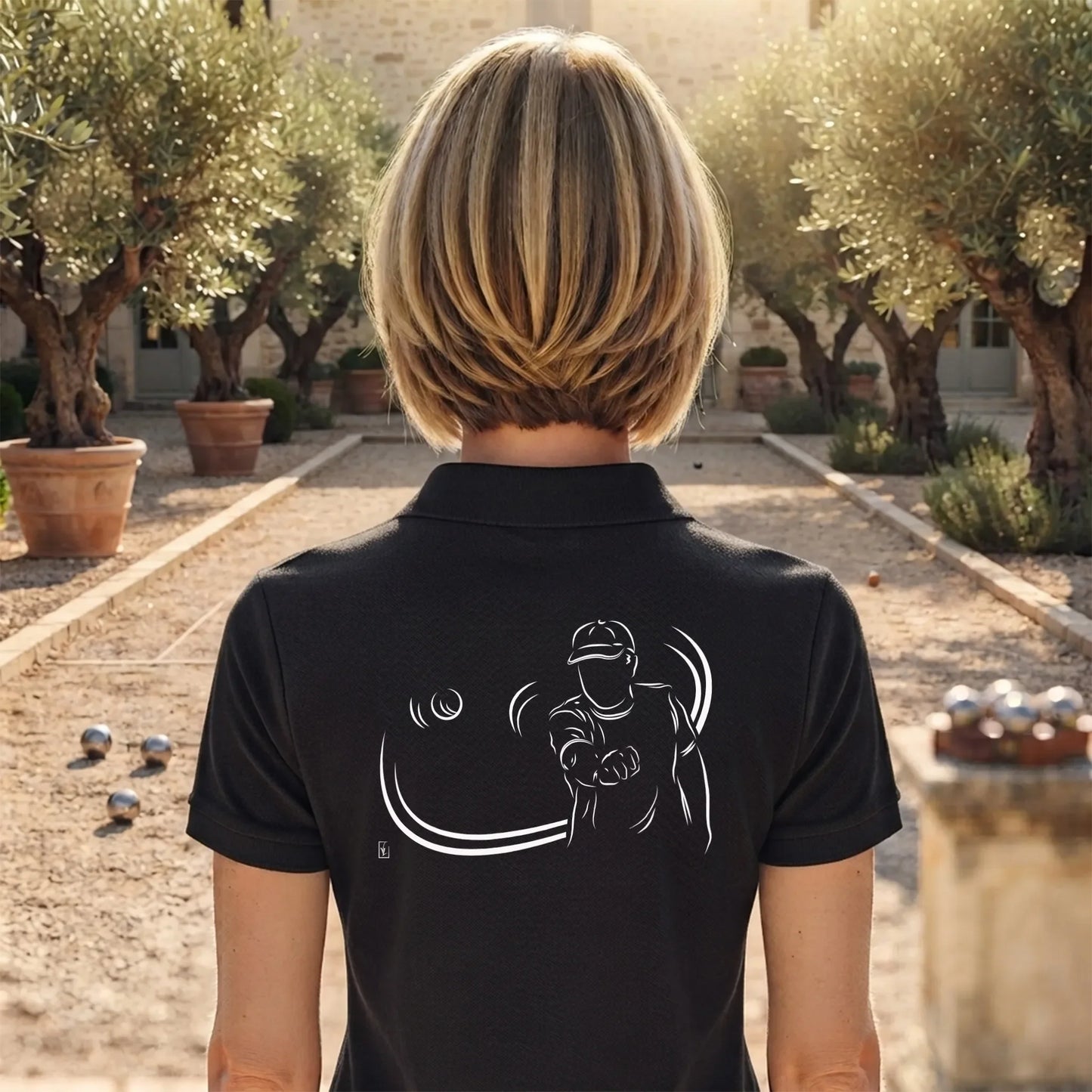 Polo Pétanque femme noir à personnaliser (texte/prénom). Idée cadeau joueuse de pétanque, dessin "Carreau" au dos.