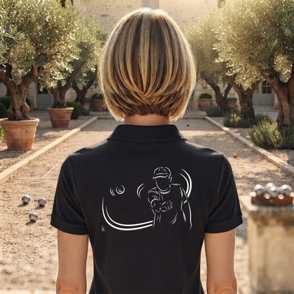 Polo Pétanque femme noir à personnaliser (texte/prénom). Idée cadeau joueuse de pétanque, dessin "Carreau" au dos.