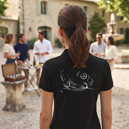 Polo Pétanque femme noir à personnaliser avec un texte, un prénom, surnom. Idée cadeau joueuse de pétanque, dessin "Choc" au dos.