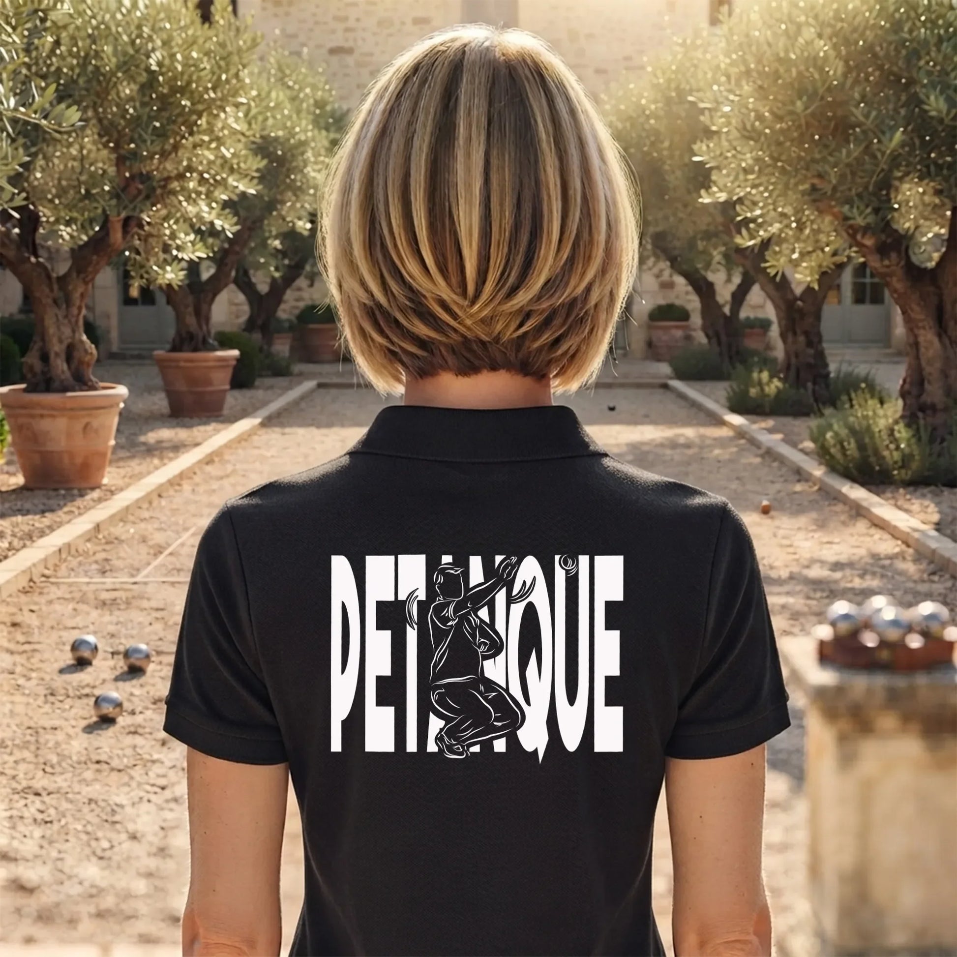 Polo Pétanque femme noir à personnaliser (texte/prénom). Idée cadeau joueuse de pétanque, dessin "in fine" au dos.