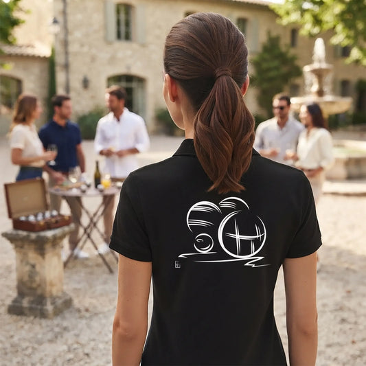 Polo Pétanque femme noir à personnaliser avec un texte, un prénom, surnom. Idée cadeau joueuse de pétanque, dessin "Loisirs" au dos.