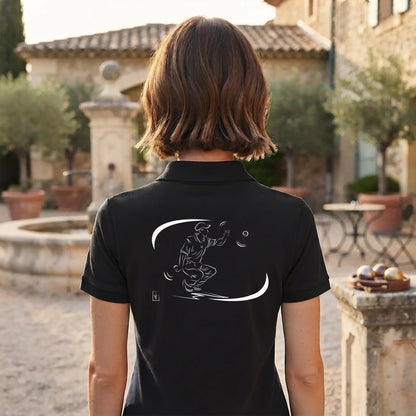 Polo Pétanque femme noir à personnaliser (texte/prénom). Idée cadeau joueuse de pétanque, dessin "Point C" au dos.