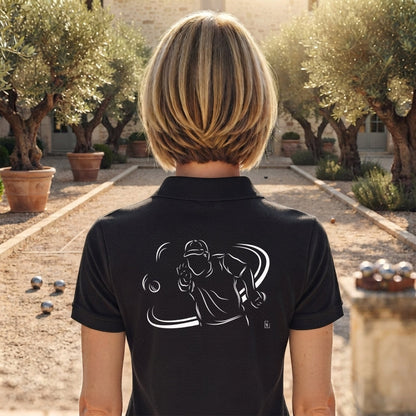 Polo Pétanque femme noir à personnaliser (texte/prénom). Idée cadeau joueuse de pétanque, dessin "Tournoi" au dos.