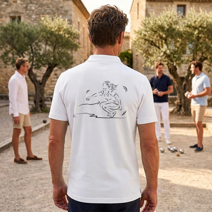 Polo pétanque homme blanc personnalisé (texte/prénom/Club). Idée cadeau pétanqueur, dessin "Au Féminin" au dos.