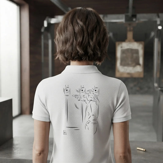 Polo Tir Sportif femme blanc à personnaliser avec un texte ou prénom.  Idée cadeau tireuse Carabinier Pistolier, dessin "Cible" au dos.