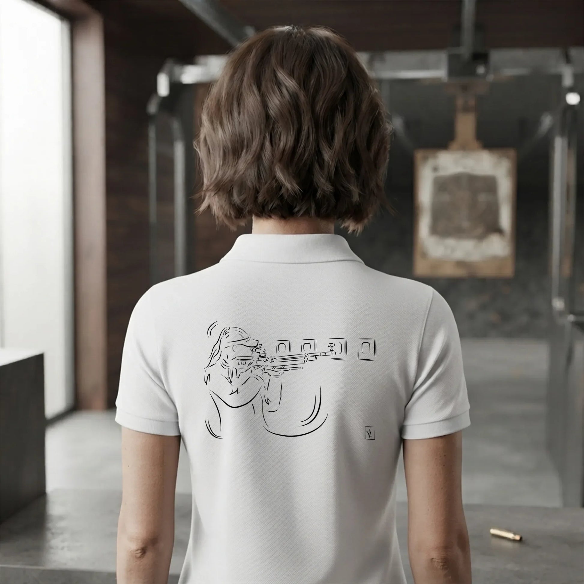 Polo Tir Sportif femme blanc personnalisé (texte/prénom). Idée cadeau tireuse Carabinier Pistolier, dessin "Maîtrise" au dos.