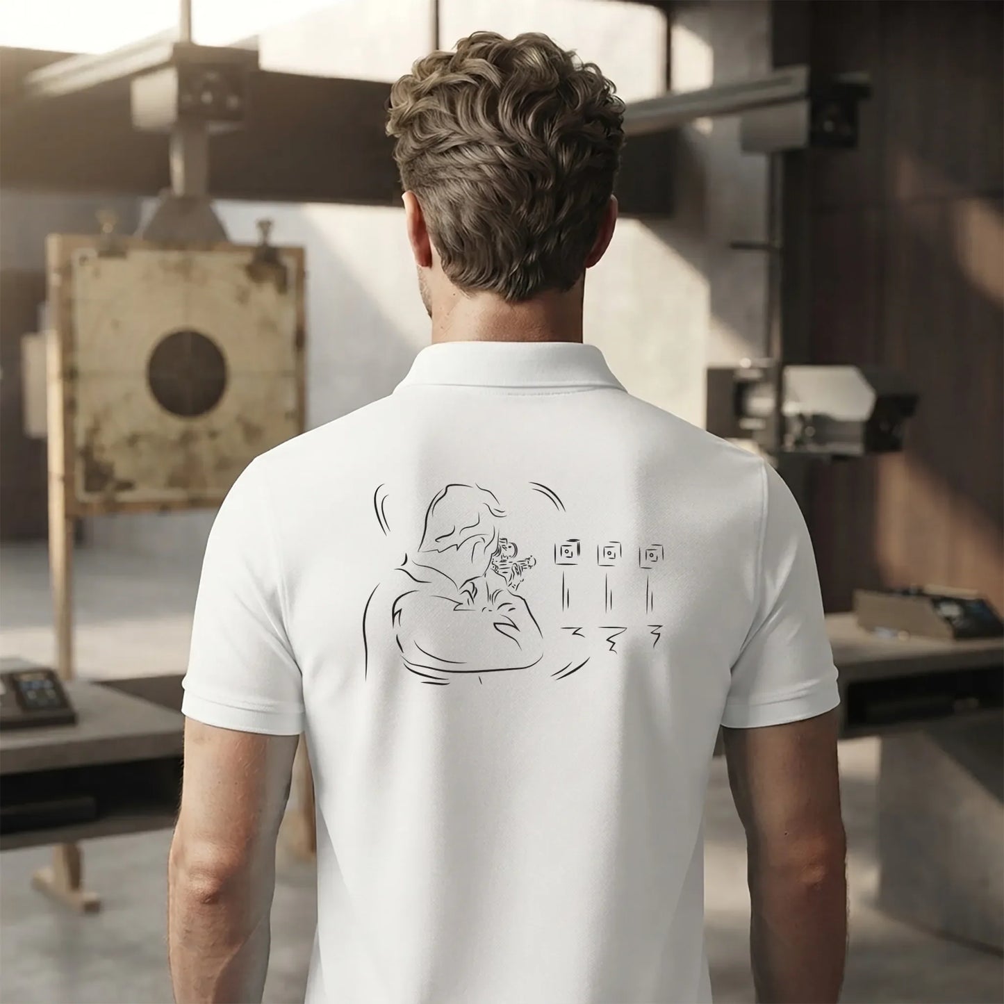 Polo Tir Sportif homme blanc personnalisé (texte/prénom). Idée cadeau tireur Carabinier Pistolier  , dessin "Fixe" au dos.