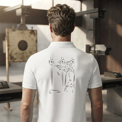 Polo Tir Sportif homme blanc personnalisé (texte/prénom). Idée cadeau tireur Carabinier Pistolier, dessin "Stand tir" au dos.