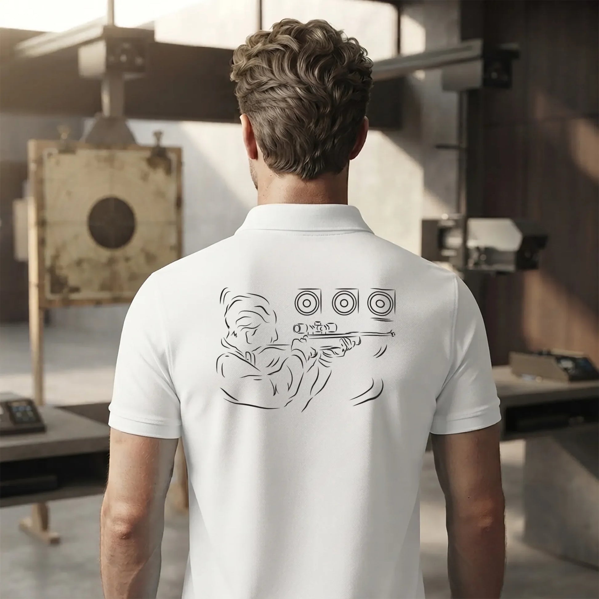 Polo Tir Sportif homme blanc personnalisé (texte/prénom). Idée cadeau tireur Carabinier Pistolier, dessin "Visée" au dos.