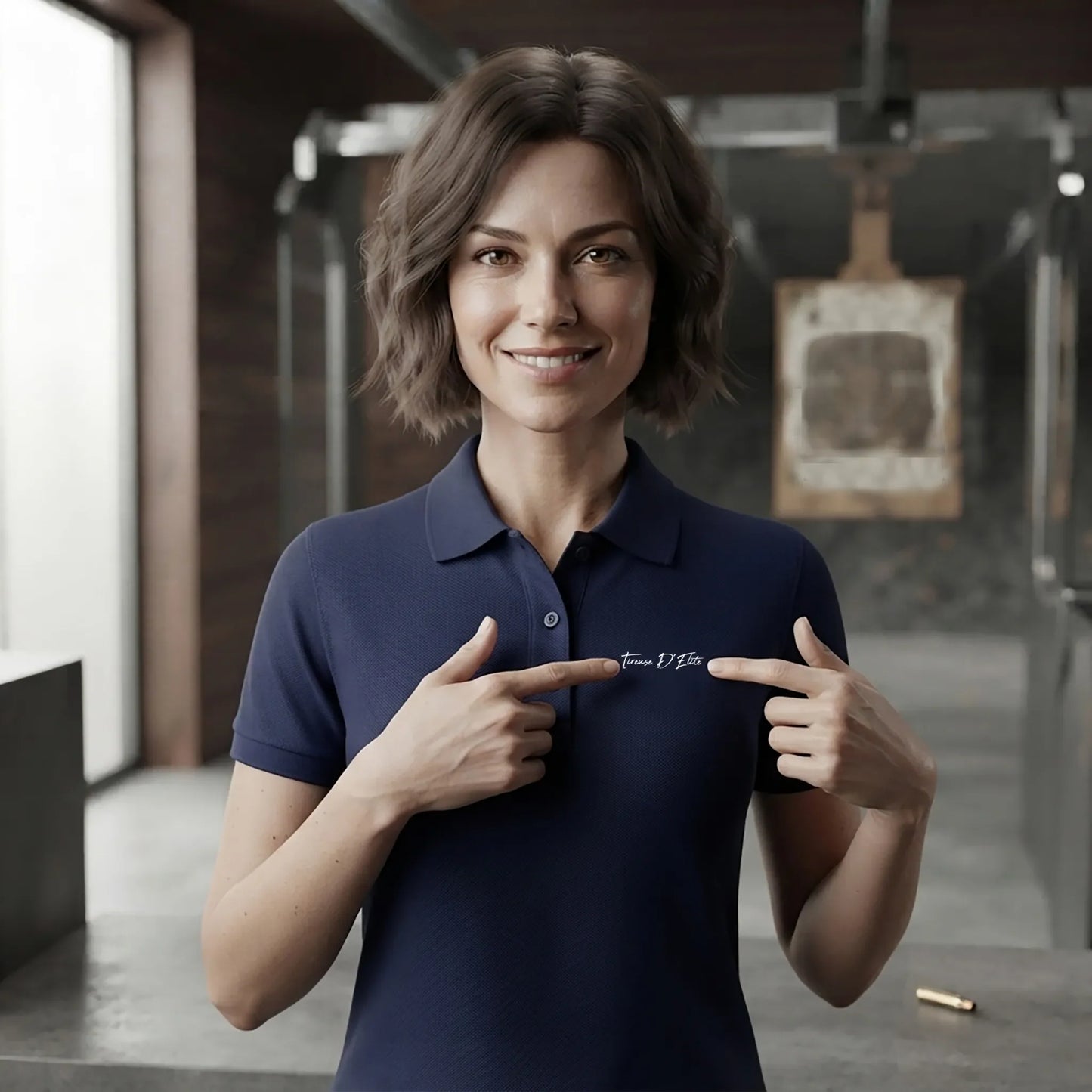 Polo Tir Sportif femme bleu personnalisé (texte/prénom). Idée cadeau tireuse Carabinier Pistolier, dessin "Fixe" au dos.