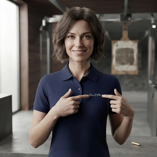 Polo Tir Sportif femme blanc à personnaliser avec un texte ou prénom.  Idée cadeau tireuse Carabinier Pistolier, dessin "Fixe" au dos.