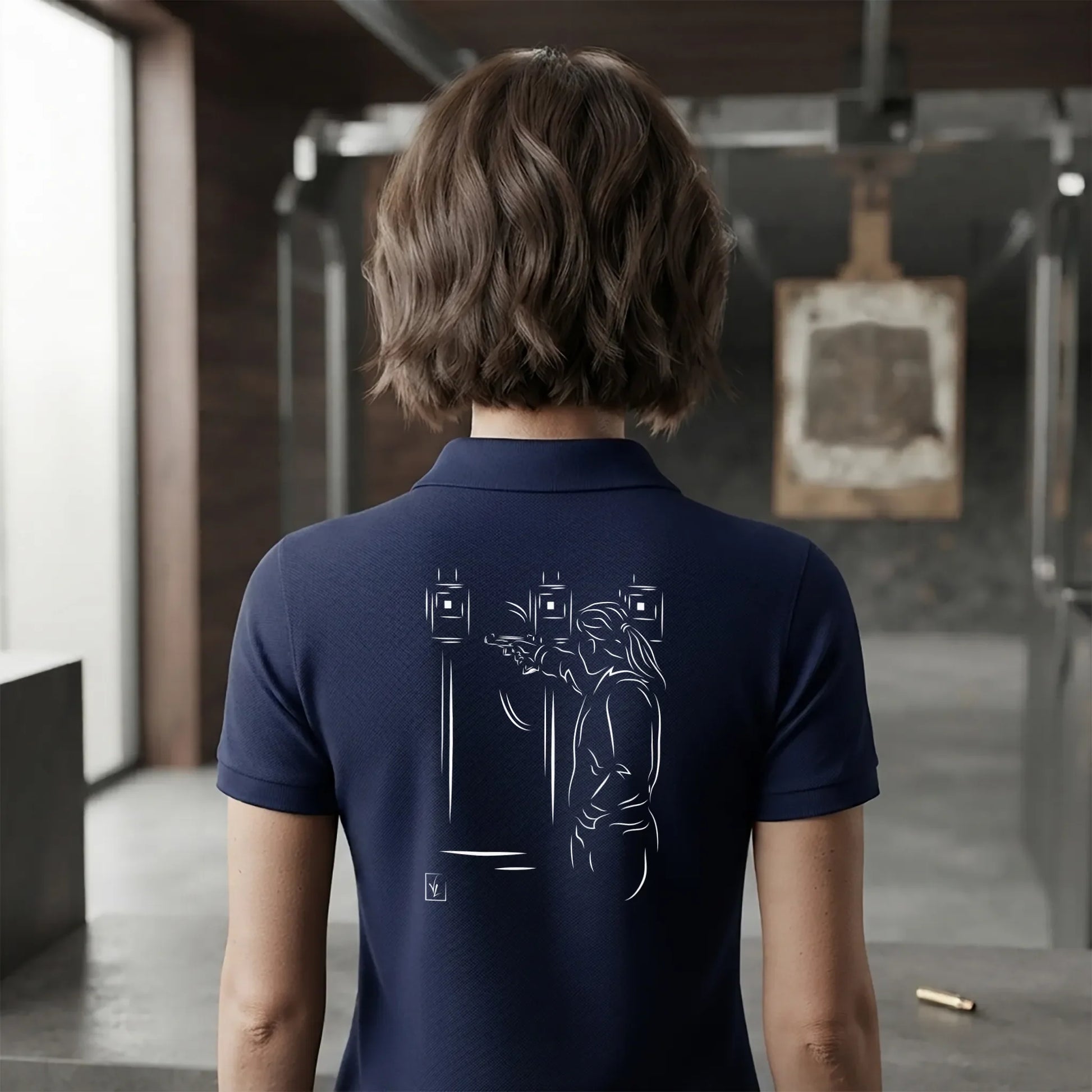 Polo Tir Sportif femme bleu navy personnalisé (texte/prénom). Idée cadeau tireuse Carabinier Pistolier, dessin "Cible" au dos.