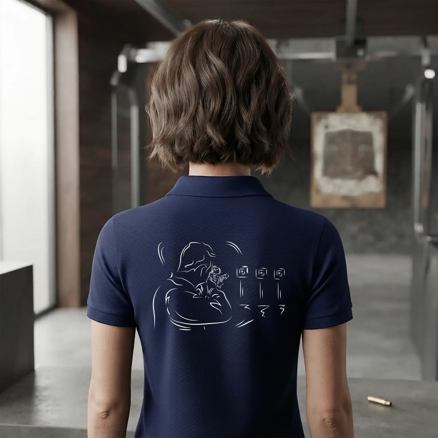 Polo Tir Sportif femme bleu navy personnalisé (texte/prénom). Idée cadeau tireuse Carabinier Pistolier, dessin "Fixe" au dos.