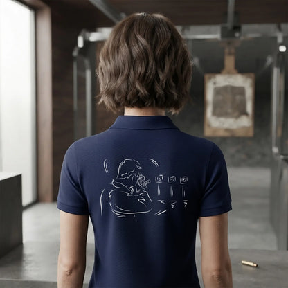 Polo Tir Sportif femme bleu navy personnalisé (texte/prénom). Idée cadeau tireuse Carabinier Pistolier, dessin "Fixe" au dos.