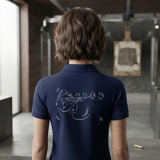 Polo Tir Sportif femme bleu navy à personnaliser avec un texte ou prénom.  Idée cadeau tireuse Carabinier Pistolier, dessin "Maîtrise" au dos.