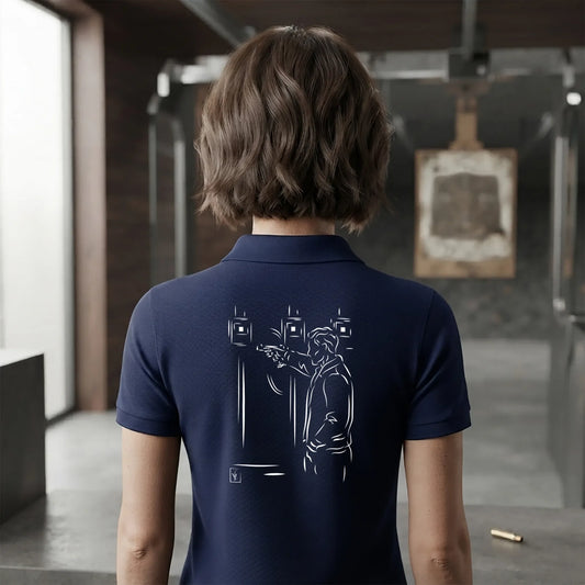 Polo Tir Sportif femme bleu navy à personnaliser avec un texte ou prénom.  Idée cadeau tireuse Carabinier Pistolier, dessin "Stand tir" au dos.
