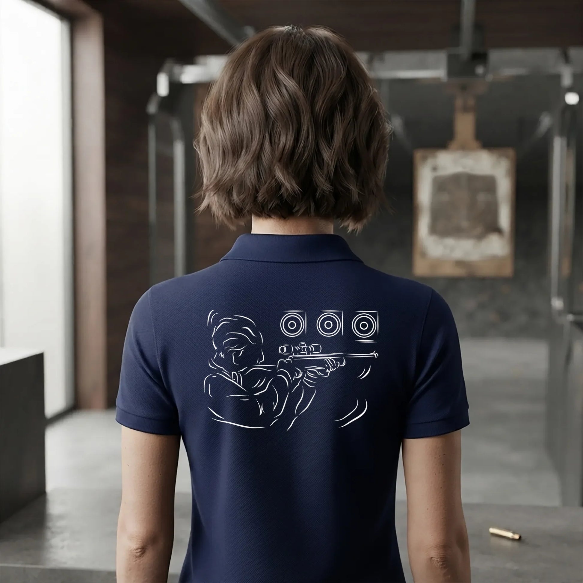 Polo Tir Sportif femme bleu navy personnalisé (texte/prénom). Idée cadeau tireuse Carabinier Pistolier, dessin "Visée" au dos.
