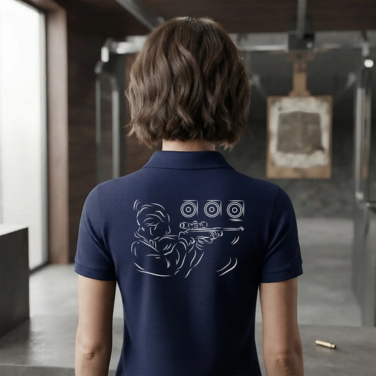 Polo Tir Sportif femme bleu navy à personnaliser avec un texte ou prénom.  Idée cadeau tireuse Carabinier Pistolier, dessin "Visée" au dos.