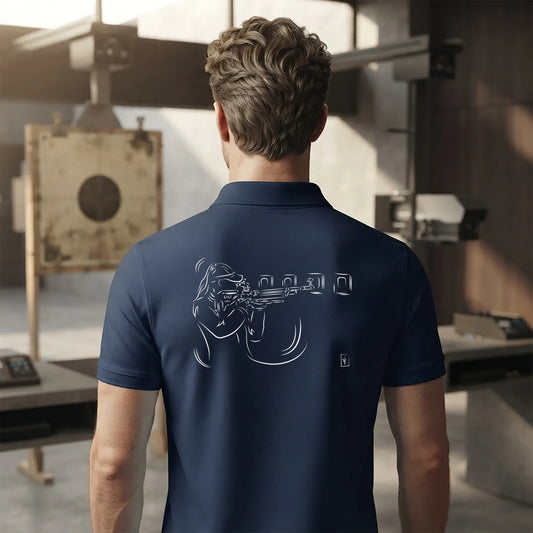Polo Tir Sportif homme bleu navy personnalisé (texte/prénom). Idée cadeau tireur tireuse Carabinier Pistolier, dessin "Maîtrise" au dos.