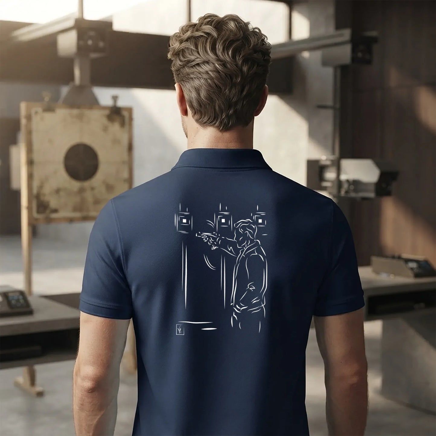 Polo Tir Sportif homme blanc personnalisé (texte/prénom). Idée cadeau tireur Carabinier Pistolier, dessin "Stand tir" au dos.