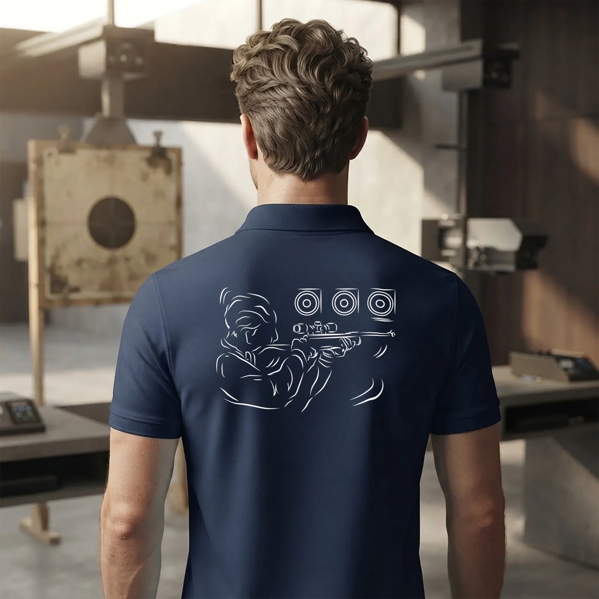 Polo Tir Sportif homme bleu navy personnalisé (texte/prénom). Idée cadeau tireur Carabinier Pistolier, dessin "Visée" au dos.