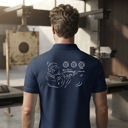 Polo Tir Sportif homme bleu navy personnalisé (texte/prénom). Idée cadeau tireur Carabinier Pistolier, dessin "Visée" au dos.