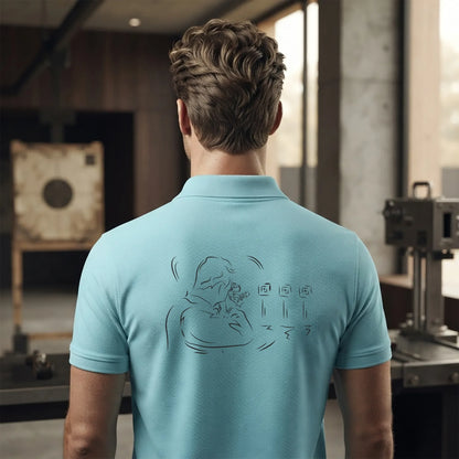 Polo Tir Sportif homme bleu océan personnalisé (texte/prénom). Idée cadeau tireur Carabinier Pistolier  , dessin "Fixe" au dos.