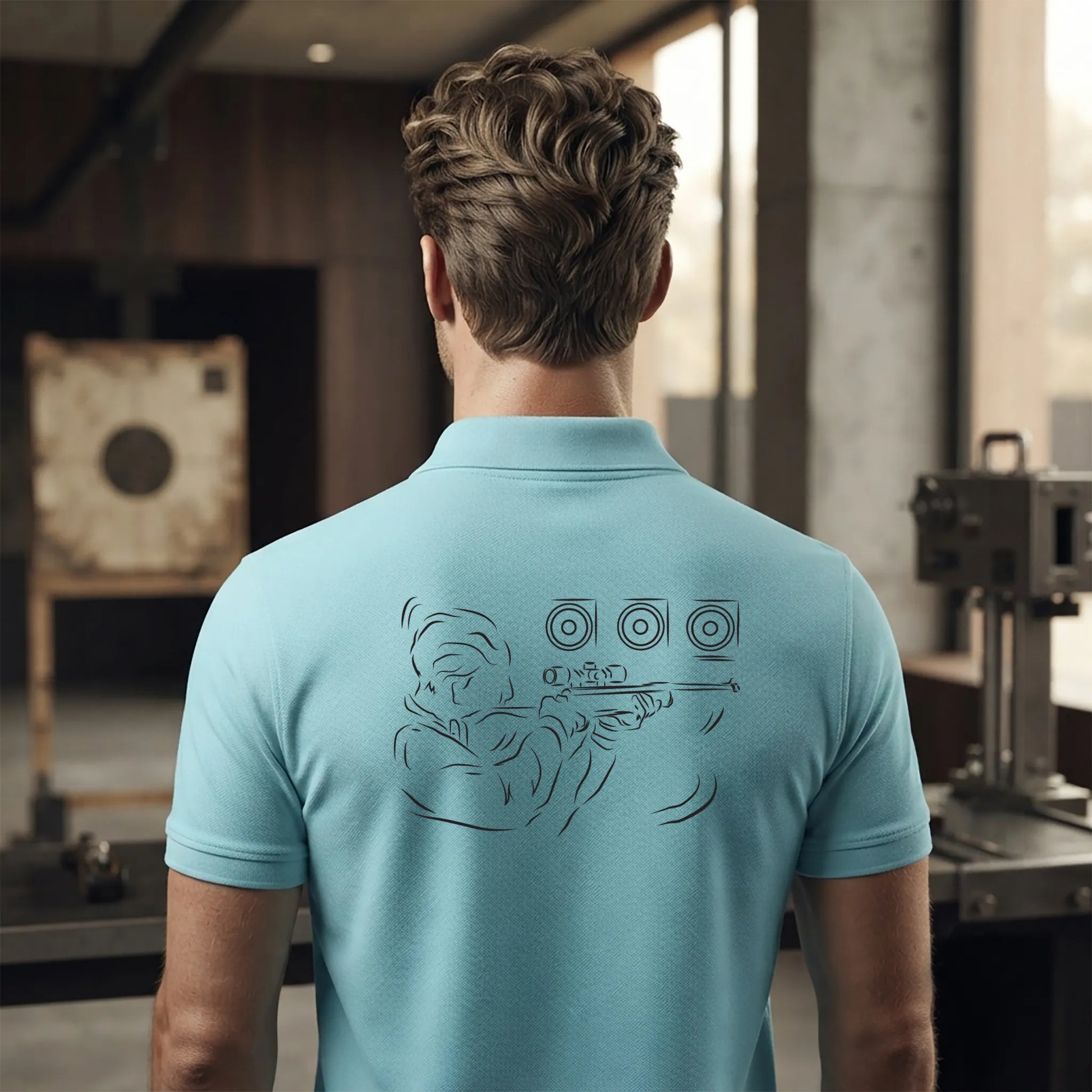 Polo Tir Sportif homme bleu océan personnalisé (texte/prénom). Idée cadeau tireur Carabinier Pistolier, dessin "Visée" au dos.