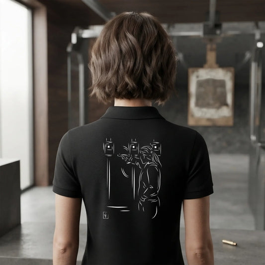 Polo Tir Sportif femme noir à personnaliser avec un texte ou prénom.  Idée cadeau tireuse Carabinier Pistolier, dessin "Cible" au dos.
