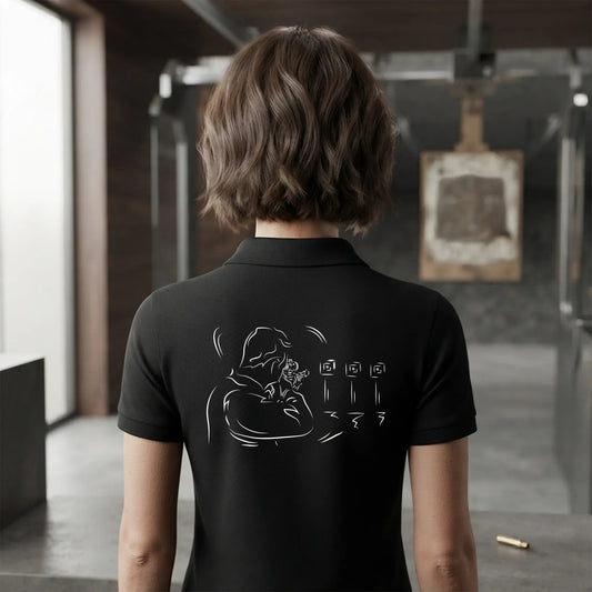 Polo Tir Sportif femme noir à personnaliser avec un texte ou prénom.  Idée cadeau tireuse Carabinier Pistolier, dessin "Fixe" au dos.