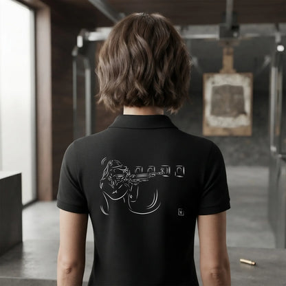 Polo Tir Sportif femme noir personnalisé (texte/prénom). Idée cadeau tireuse Carabinier Pistolier, dessin "Maîtrise" au dos.