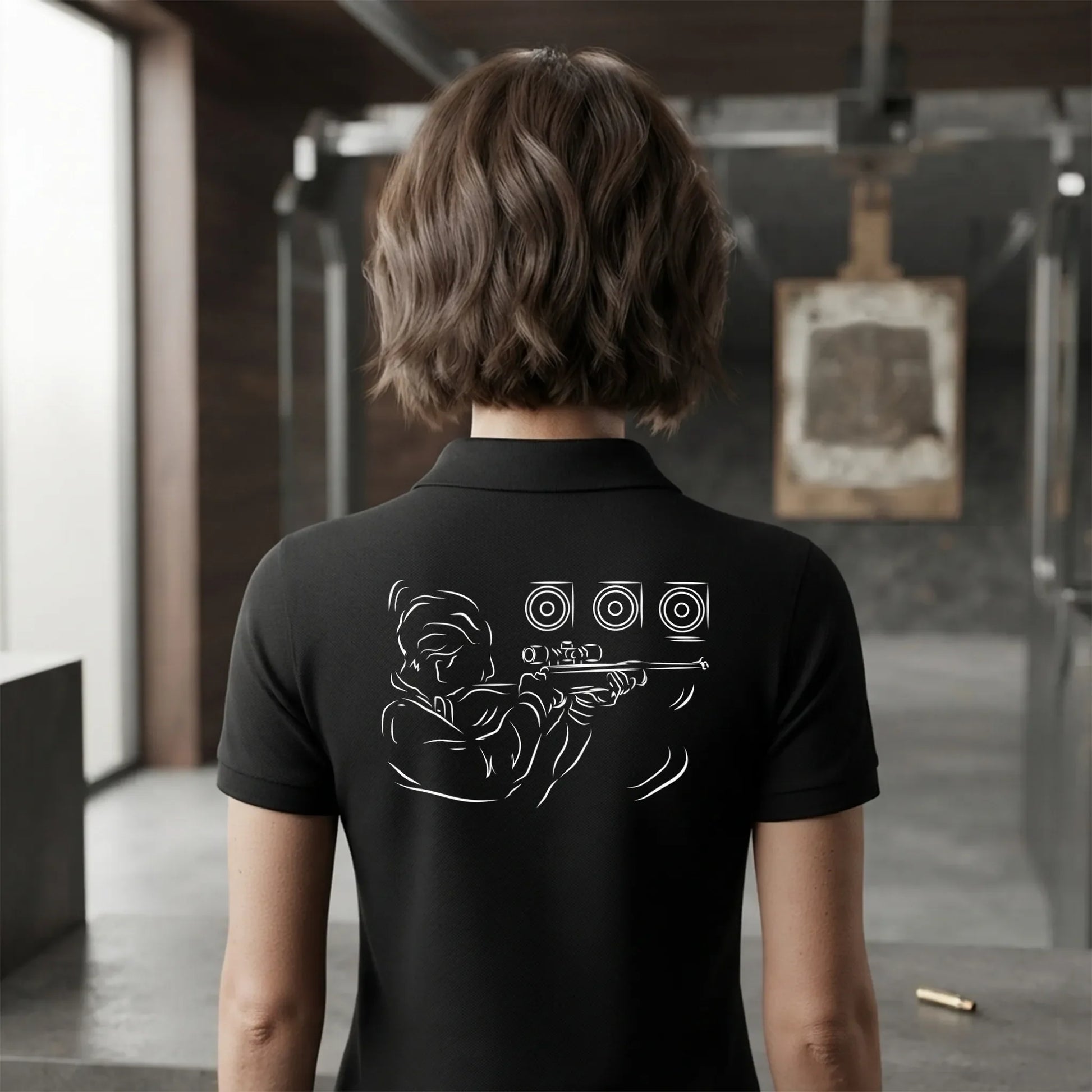 Polo Tir Sportif femme noir personnalisé (texte/prénom). Idée cadeau tireuse Carabinier Pistolier, dessin "Visée" au dos.