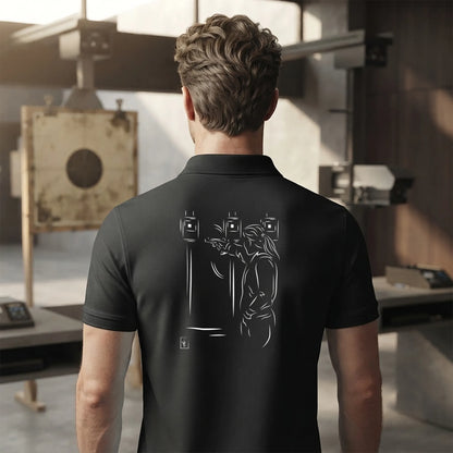 Polo Tir Sportif homme noir personnalisé (texte/prénom). Idée cadeau tireur Carabinier Pistolier  , dessin "Maîtrise" au dos.