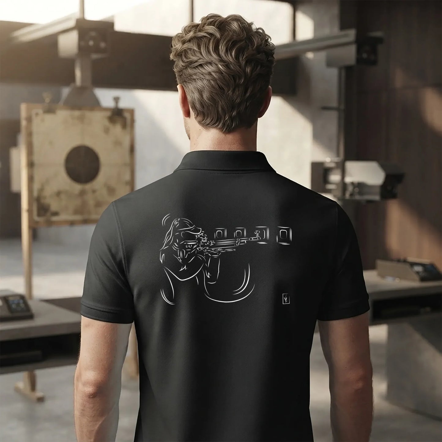 Polo Tir Sportif homme noir personnalisé (texte/prénom). Idée cadeau tireur tireuse Carabinier Pistolier, dessin "Maîtrise" au dos.