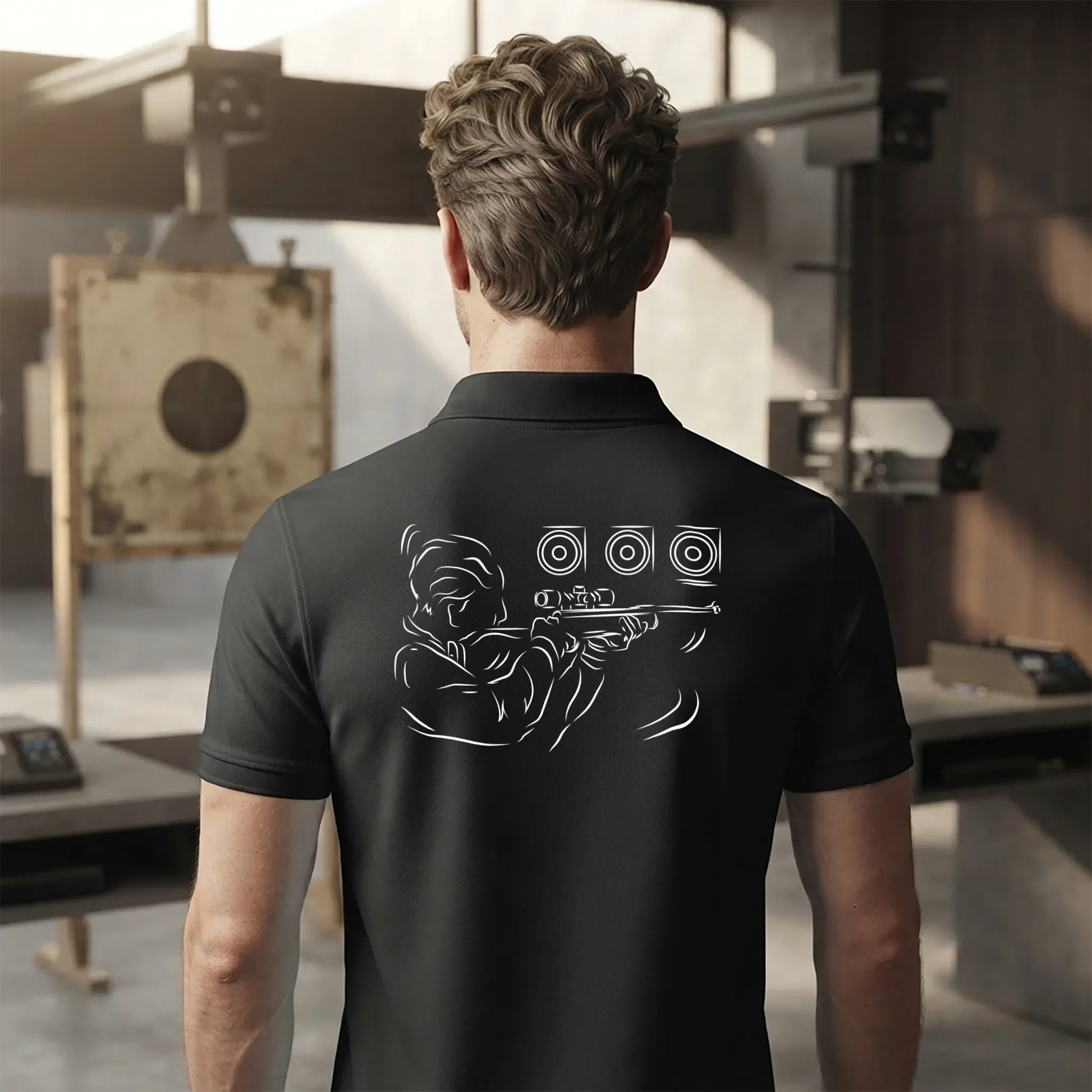 Polo Tir Sportif homme noir personnalisé (texte/prénom). Idée cadeau tireur Carabinier Pistolier, dessin "Visée" au dos.