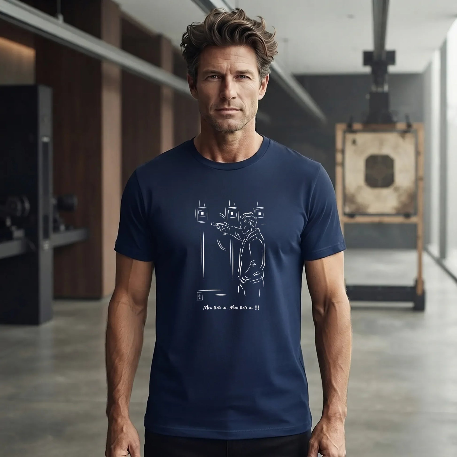 T-shirt Tir Sportif homme Bleu Navy personnalisé (texte/prénom). Idée cadeau Tireur, modèle "Stand".